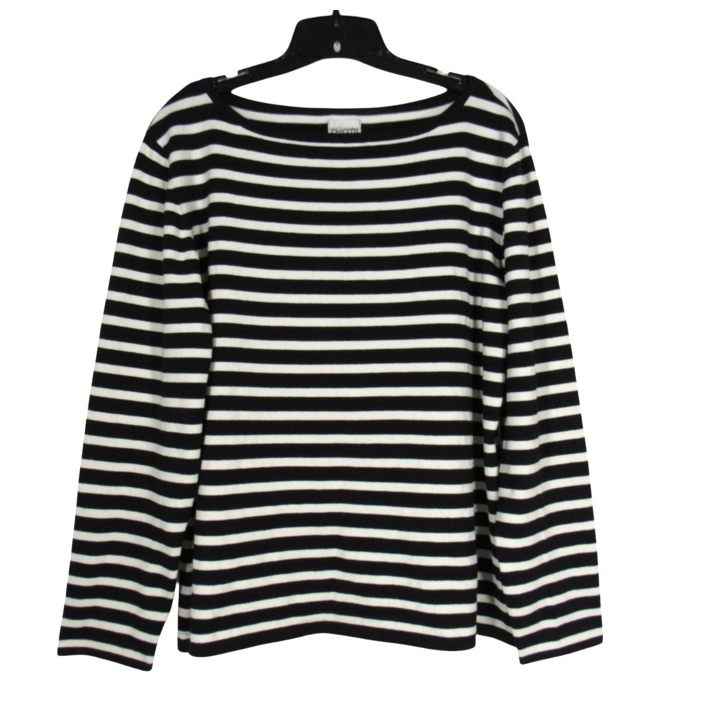 CHICO'S Black/White Stripes SILK BLEND Boatneck LIGHTWEIGHT KNIT SWEATER 3/US-XL
